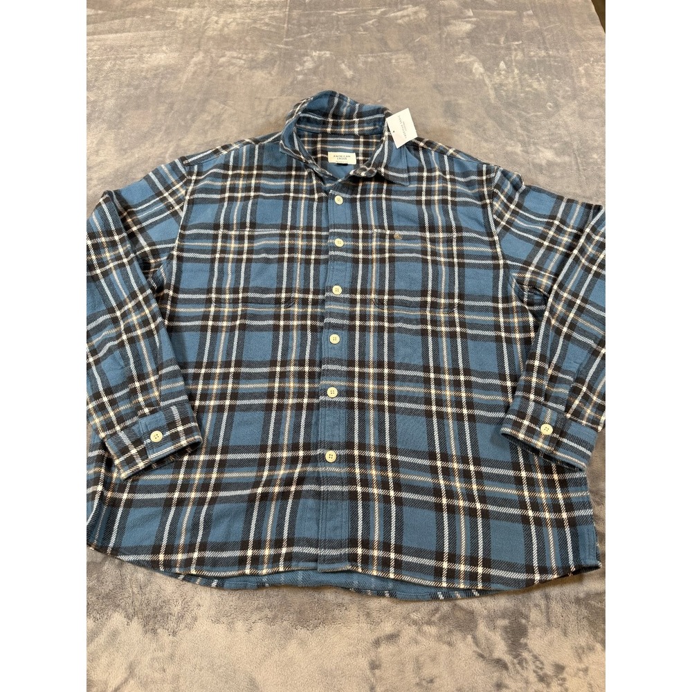 American Eagle Men's XL Relaxed Fit Flannel Shirt Blue Plaid Long Sleeve NWT